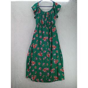 Peach Love California Maxi Dress Women's Large Green Floral Ruffled Split Front